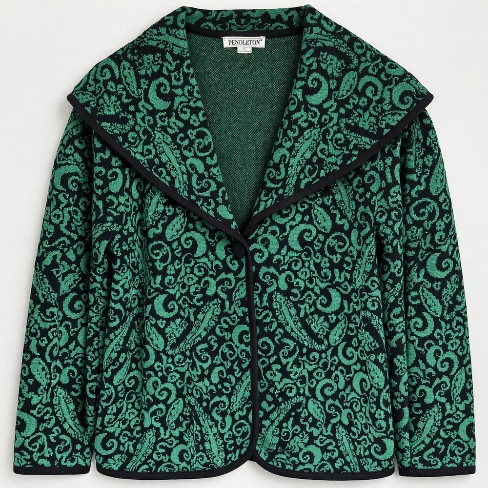 Pendleton 100% Merino Wool Paisley Jacquard Cardigan Sweater Green Black S Retro